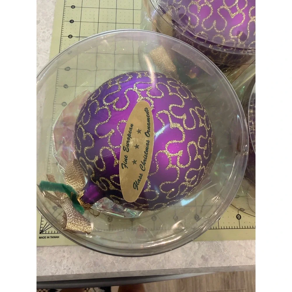 Fine European Glass Christmas Ornaments Purple Gold Glitter Set of 3 Poland.
